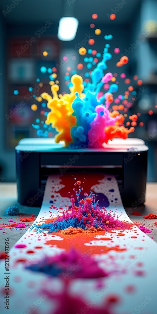Poster a colorful explosion of ink erupts from a printer, creating a vibrant and dynamic scene