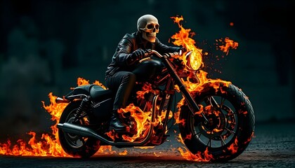 Skeletal figure with a skull head riding a flaming motorcycle, wearing a black leather jacket