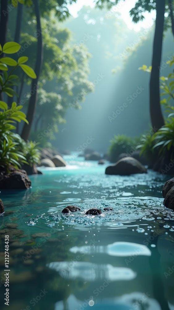 Poster a serene forest scene with a gentle stream flowing through it