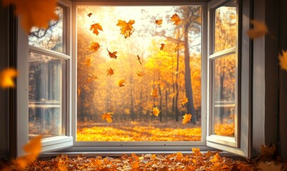 serene scene of open windows reveals vibrant autumn landscape, with golden leaves swirling gracefully in air, creating magical atmosphere