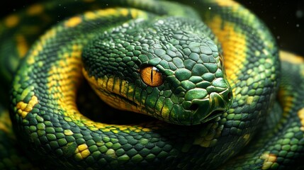 Fototapeta premium A green and yellow snake with a yellow eye