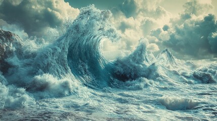 A large wave is crashing into the ocean, with a storm in the background