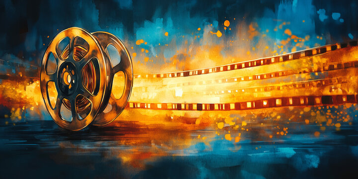 Cinema, movie and photography film strip template. Watercolor hand drawn illustration.	