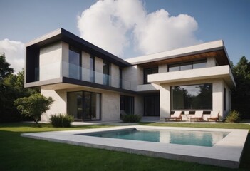 A spacious large house featuring a big swimming pool right in front of it