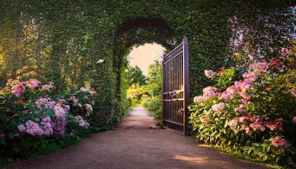 Obraz premium A serene pathway bordered by colorful blooms welcomes visitors to a tranquil garden.