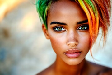 Short coiffure - multicolored hair. Commercial marketing conceptual art. Lovely calm mixed-race...