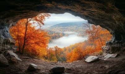 stunning view from cave entrance reveals vibrant autumn landscape filled with colorful trees. misty atmosphere adds sense of mystery and tranquility to scene
