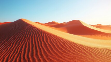 A desert landscape with sand dunes and a bright blue sky