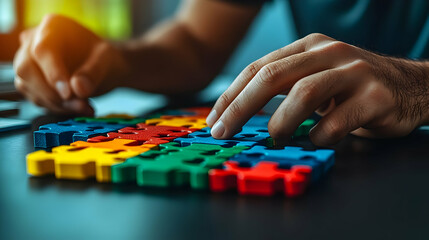 Fototapeta premium Close-up of Hands Solving a Colorful Jigsaw Puzzle