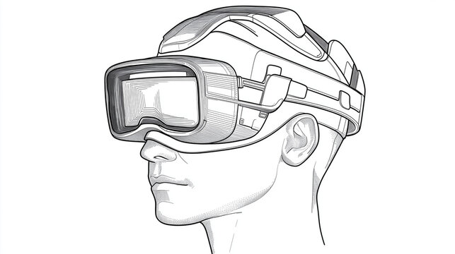 woman wearing a vr headset, linear art illustration