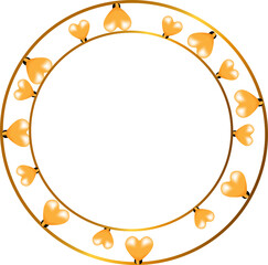 Decorative circular frame made of intertwined golden rings adorned with small, glossy  hearts yellow, creating an elegant and romantic design.  Ideal for Valentine's Day, wedding invitations, love-the
