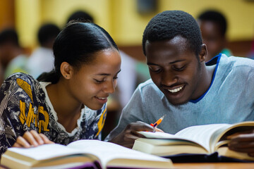 Students collaborating in a study session at a community learning center in the afternoon light