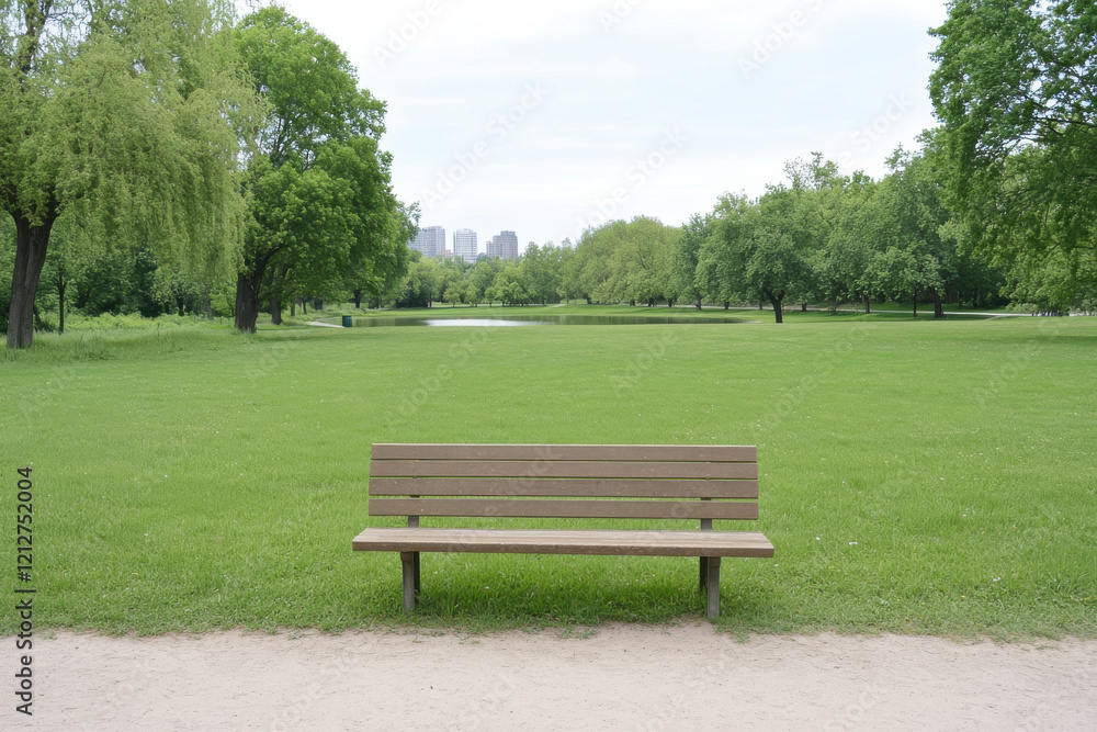 Poster a park bench sits in a grassy field with trees in the background