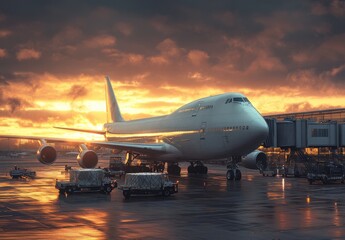 Fototapeta na wymiar Majestic Boeing 747 Aircraft Parked at Airport Terminal During Stunning Sunset with Dramatic Cloudy Skies and Reflections on Wet Runway
