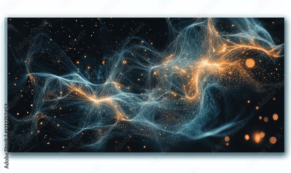 Poster soft glowing connections create abstract art piece, showcasing network of light and shape that evoke