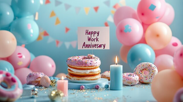  Festive work anniversary desk featuring a "Happy Work Anniversary" banner, a stack of donuts with a candle, a personalized thank-you note, and a balloon garland with glittery streamers.
