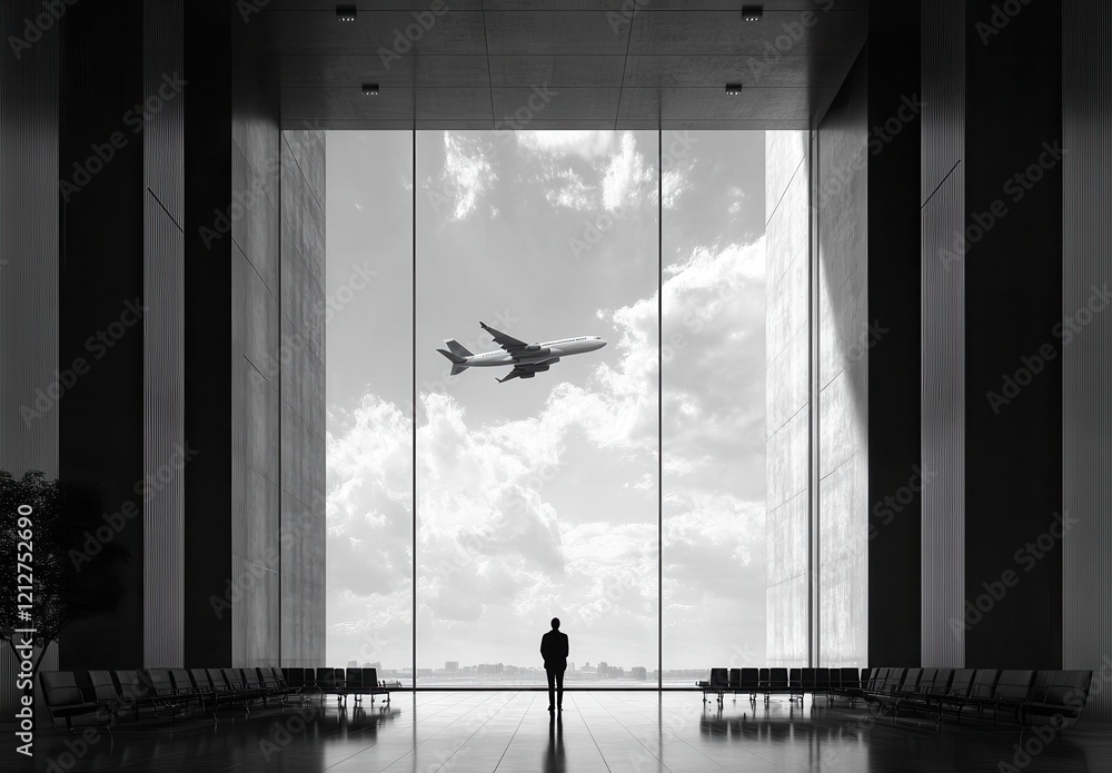 Poster man standing in airport lobby with large window overlooking airplane in flight and dramatic cloudy s