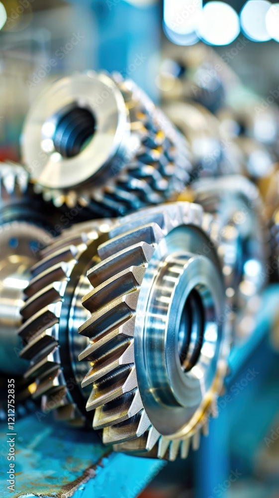 Poster a close-up view of shiny metallic gears stacked on a surface, showcasing their intricate designs and