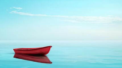 Naklejka premium Serene red boat floating on tranquil waters seaside nature photography calm environment wide angle peaceful reflection
