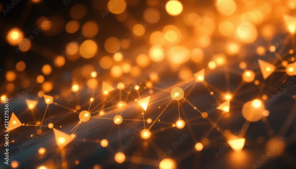 Poster abstract golden network with glowing nodes and connecting lines