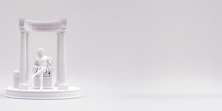 A statue of a modern thinking man in column building , modern minimalist and neoclassical style 3d animation digital render , 2:1 Animated Desktop Background
