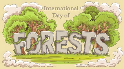 International Day of Forests Illustration Featuring Stone 'FORESTS' Letters Wrapped in Green Vines and Surrounded by Lush Trees