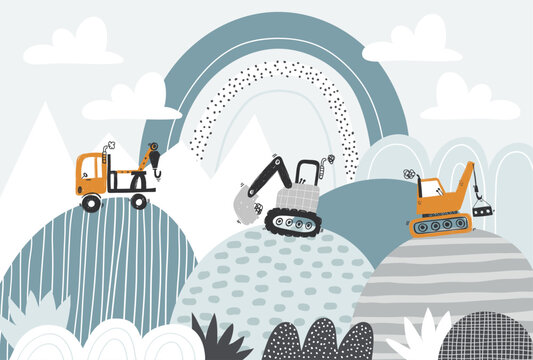 Fototapeta Vector children hand drawn cute construction cars, mountain landscape, rainbow and clouds. Boho trendy design. Scandinavian. Illustration. Kids wallpaper design. Baby room design, wall decor, mural.
