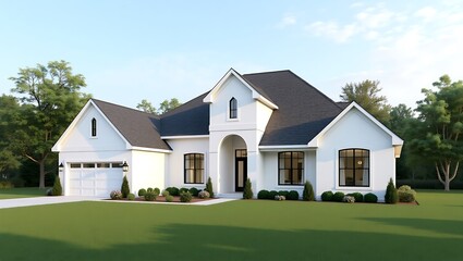 Obraz premium Photorealistic suburban house, modern craftsman style, white exterior, arched window, two-story home, attached garage, well-manicured lawn, trees in background, blue sky with wispy clouds