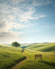 A bench is sitting in a grassy field with a tree in the background