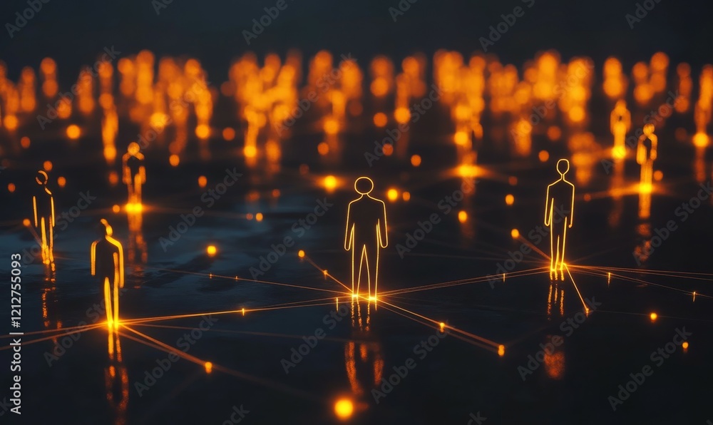 Poster this features minimalist abstract concept of business contacts represented by glowing figures connec