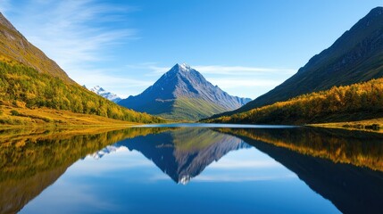 A serene mountain landscape reflecting in a calm lake, surrounded by lush greenery and clear blue skies.