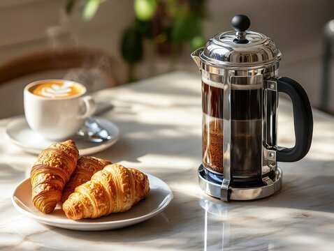A cozy coffee setup with a French press, a steaming cup of espresso, and a plate of croissants, Mocha Mousse colored
