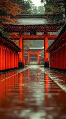 Fototapeta premium Cinematic Japanese Shrine Path with Red Torii Gate, Magical Sunlight, and Floating Light Particles