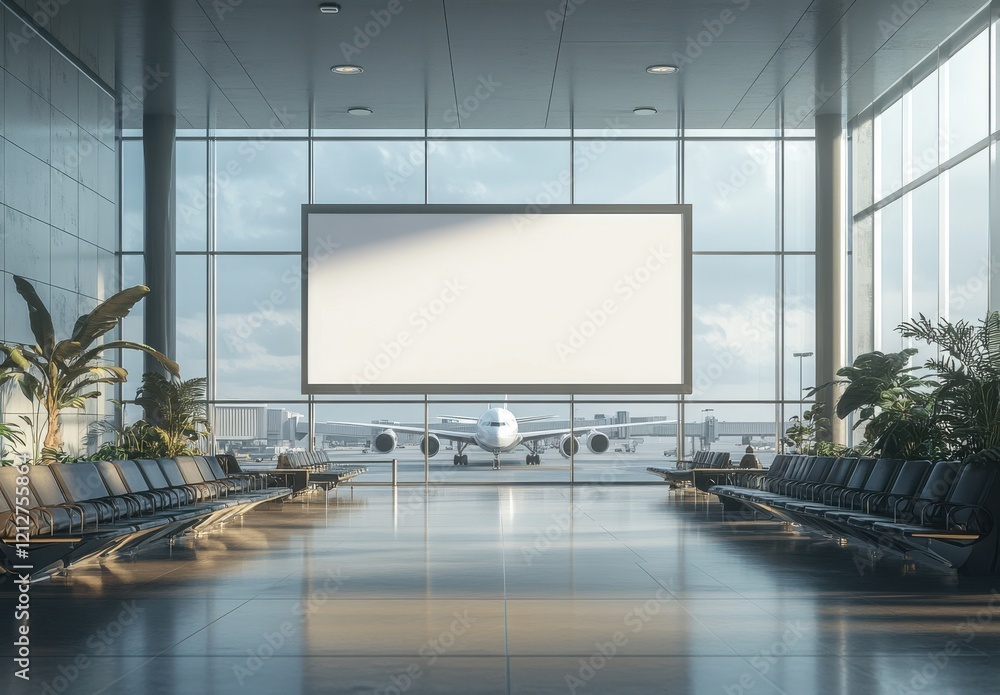 Poster modern airport terminal interior with empty waiting area, large screen display, and view of airplane