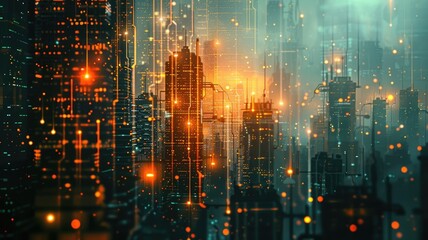 Fototapeta premium Abstract picture with digital style scenery, high tech building scatter around glow fantasy neon light. Cyberspace scene with technology design construction and electric particle flow around. AIG53.