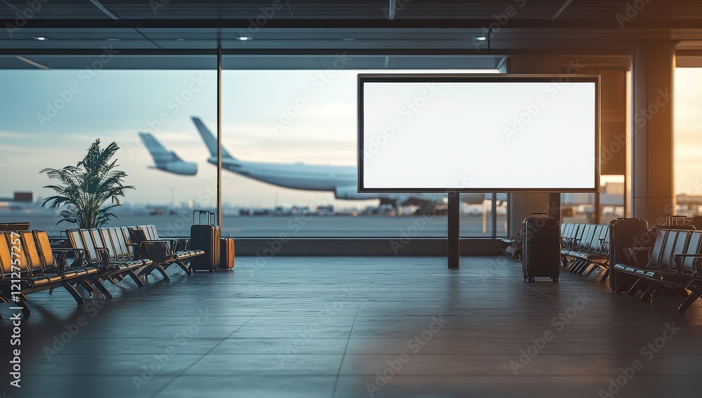 Poster modern airport terminal with empty seats and blank advertisement space, showing airplanes and a calm