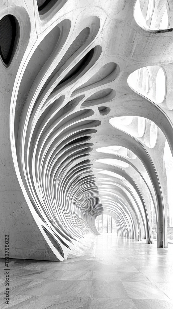 Poster Winding through a captivating architectural corridor, intricate lines and flowing shapes create a surreal atmosphere, inviting exploration and reflection in a minimalist setting