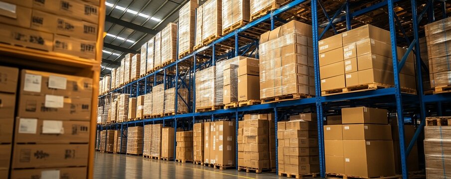 Large warehouse storage facility with rows of shelving units stacked with cardboard boxes. Industrial logistics center for inventory management and distribution.