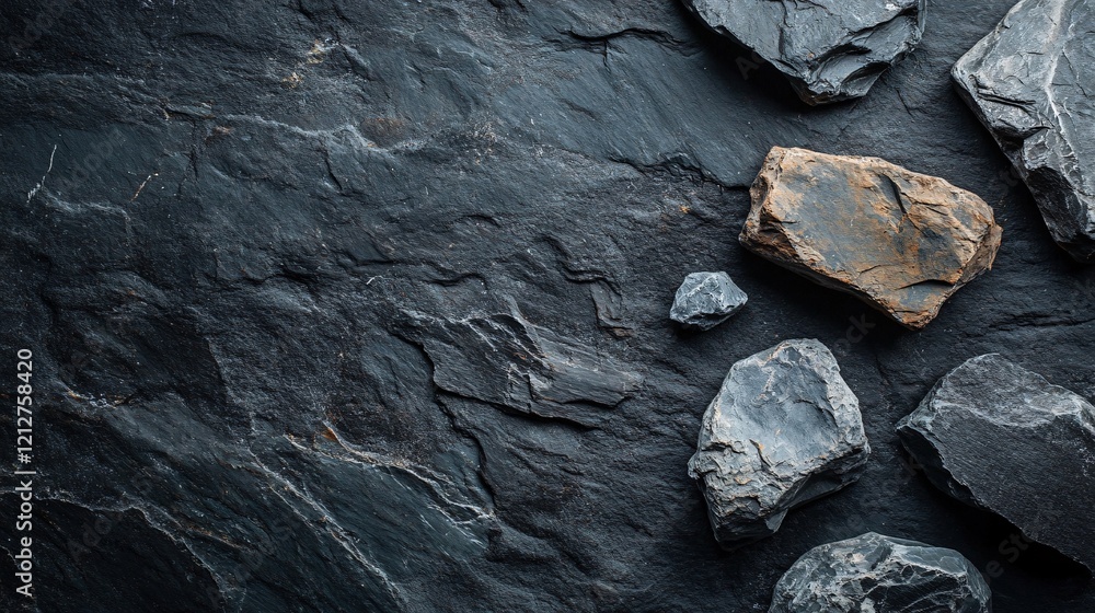 Poster dark gray slate background with scattered stones creating a textured surface
