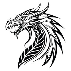 Stylized vector of a dragon head with elaborate tribal designs and visible sharp teeth. Suitable for use in tattoo art, fantasy illustrations, and logo branding.