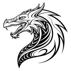 Black and white tribal-style illustration of a fierce dragon head with open mouth and sharp teeth. Ideal for tattoos, fantasy art, and logo designs.