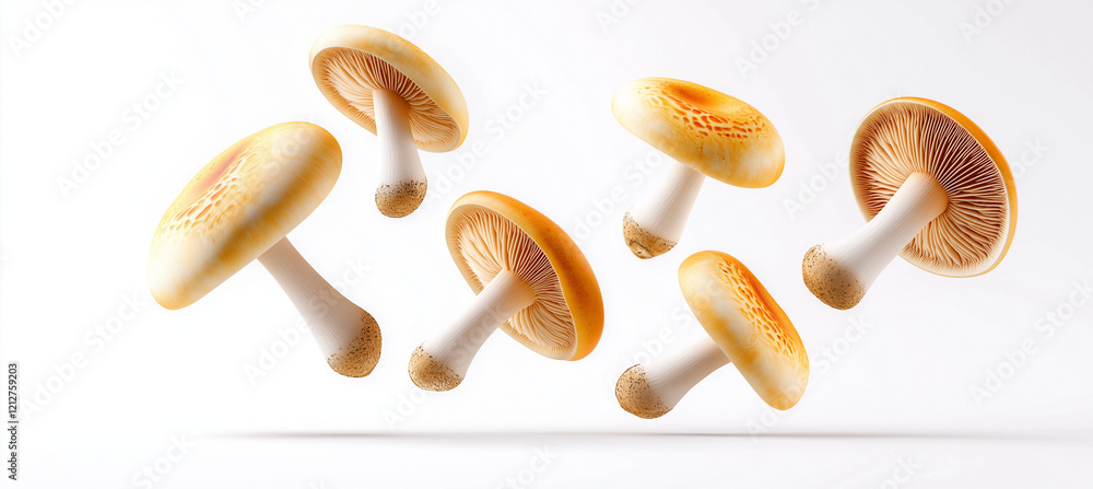 Poster mushrooms floating in different directions against white background create whimsical and vibrant sce