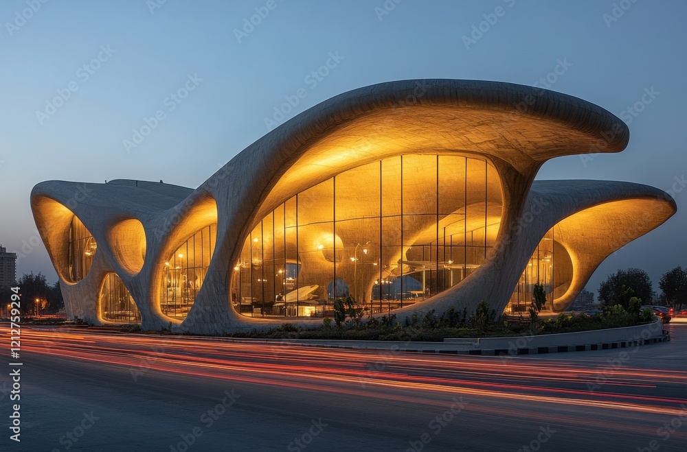 Poster modern architecture at dusk: a stunning view of an organic shaped building with illuminated glass fa