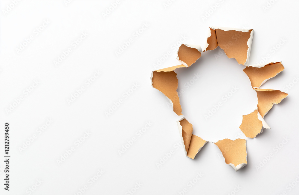 Poster hole in white paper reveals textured surface, creating intriguing visual contrast. torn edges add de