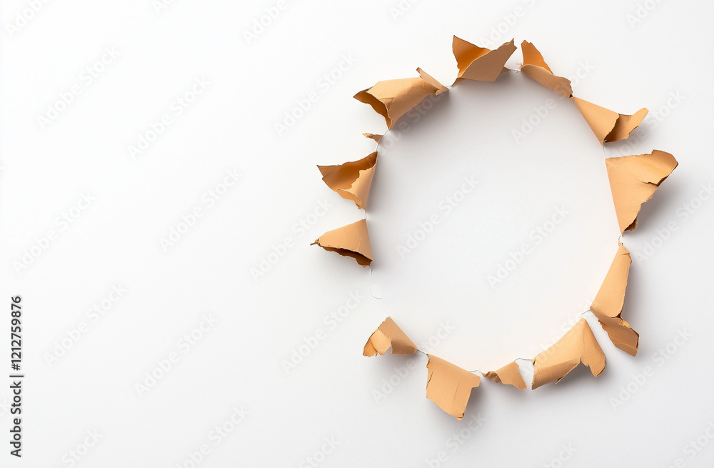 Poster hole in white paper with torn edges creates intriguing visual effect, inviting curiosity and imagina