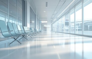 Modern hospital corridor with minimalist design featuring sleek chairs, bright lighting, and large windows creating an airy and spacious atmosphere for patient comfort and navigation