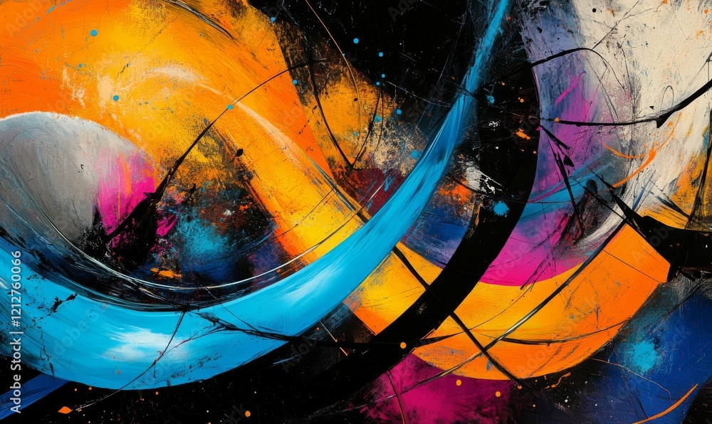 Poster vibrant abstract digital painting featuring glowing lines and swirling colors, creating dynamic and 