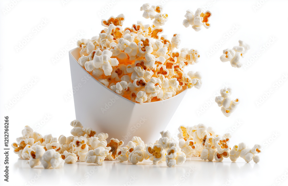 Poster crispy popcorn spilling from white container, creating playful scene. fluffy kernels are scattered a
