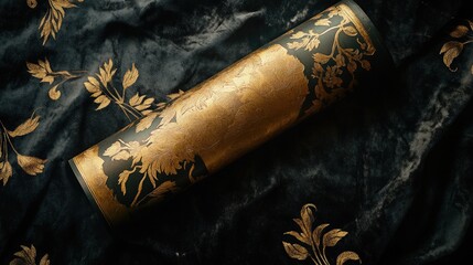 Elegant golden floral pattern on a black cylindrical object and black velvet background