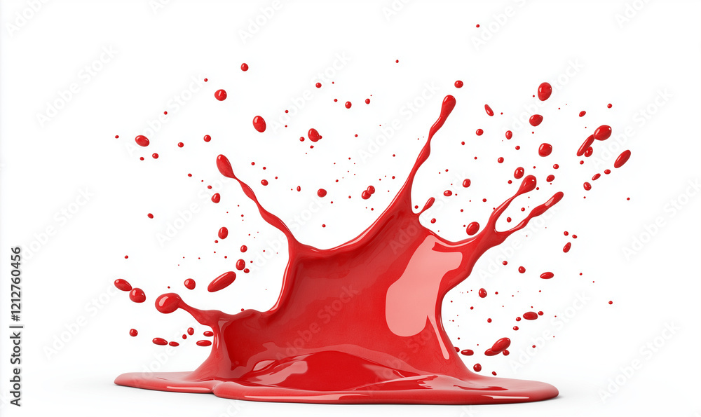 Poster realistic red splatter on white background, showcasing vibrant color and dynamic movement. this capt